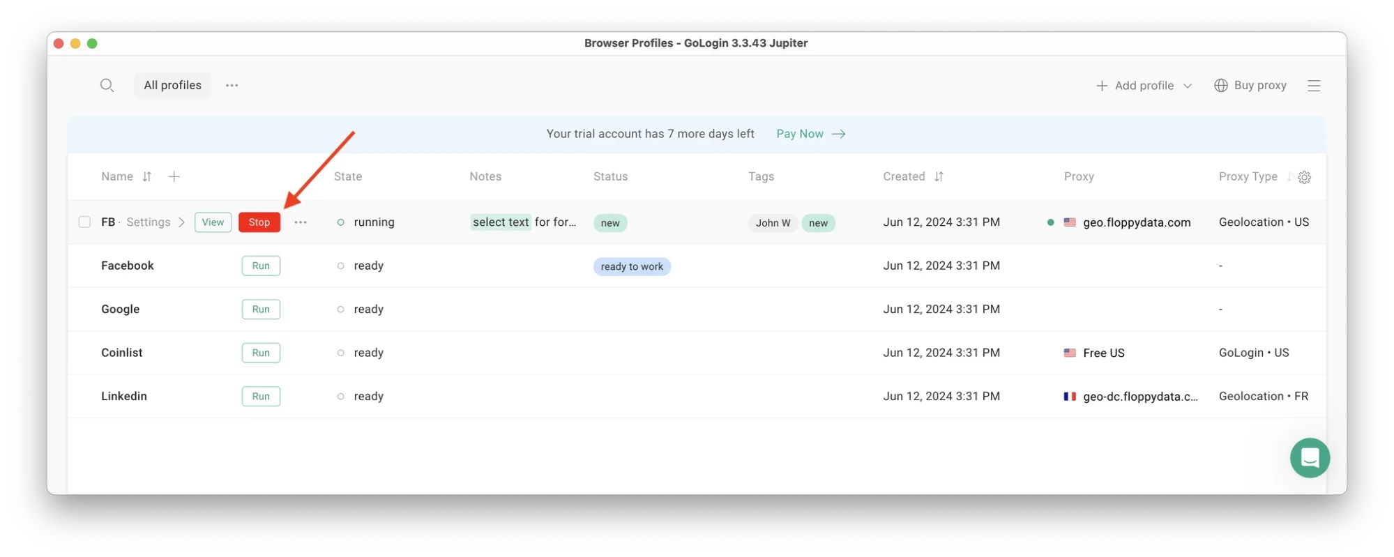 Gologin stop profile
