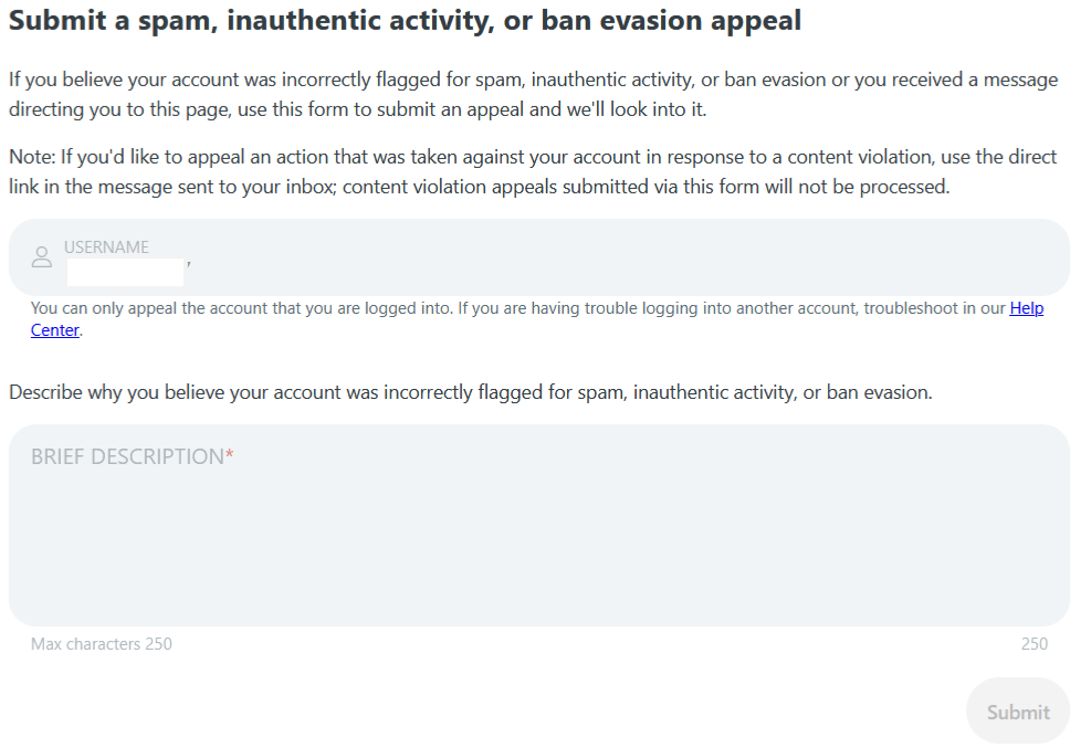 Reddit’s official appeal form.