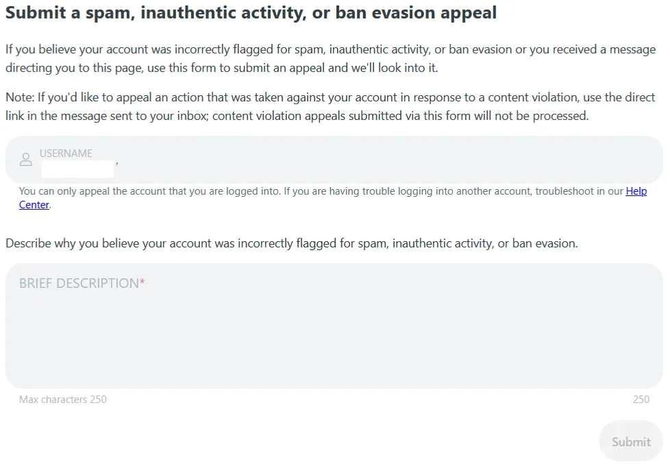 Reddit’s official appeal form.