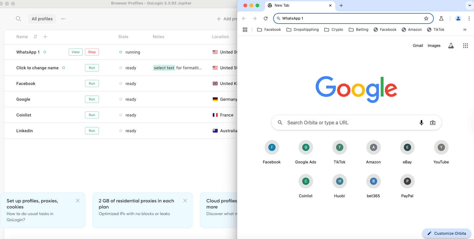 Using GoLogin’s anti-detect browser, the “WhatsApp 1” profile is now running in an isolated session 