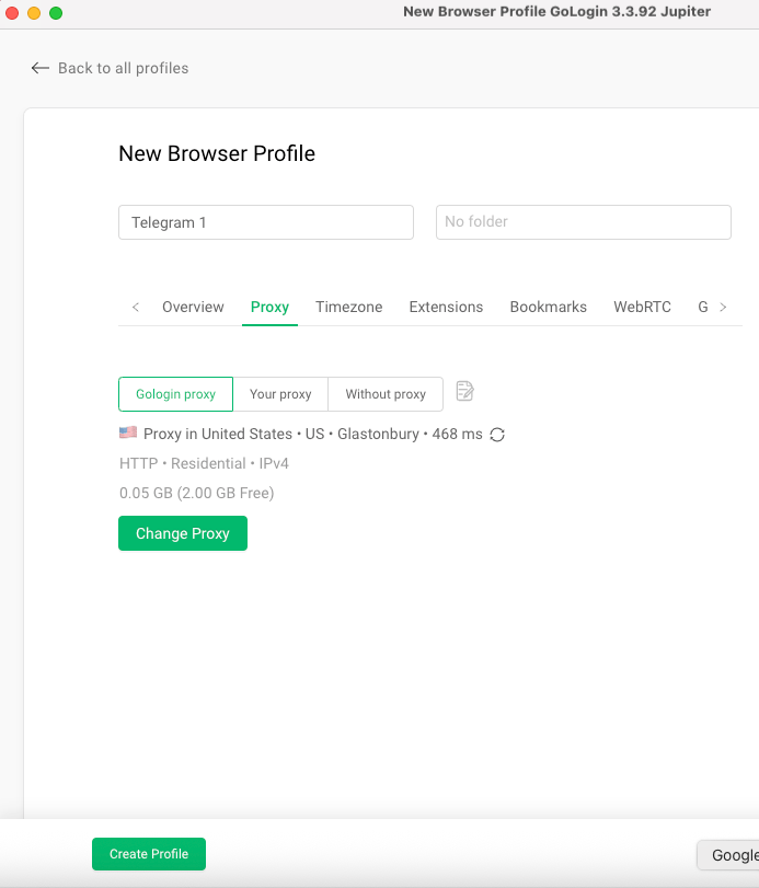 Setting up a new browser profile for Telegram in GoLogin 