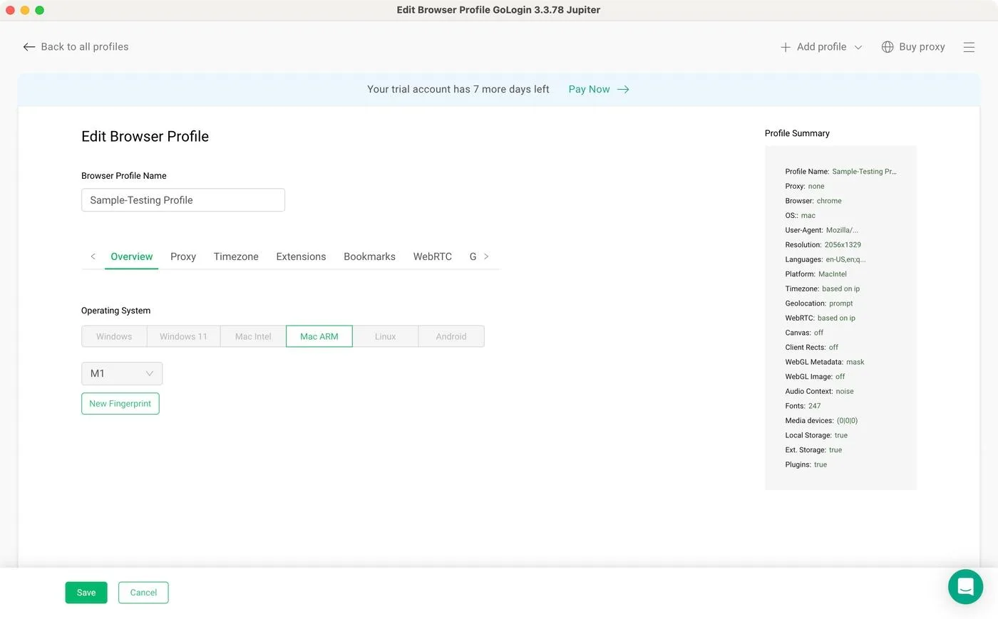 Gologin profile settings