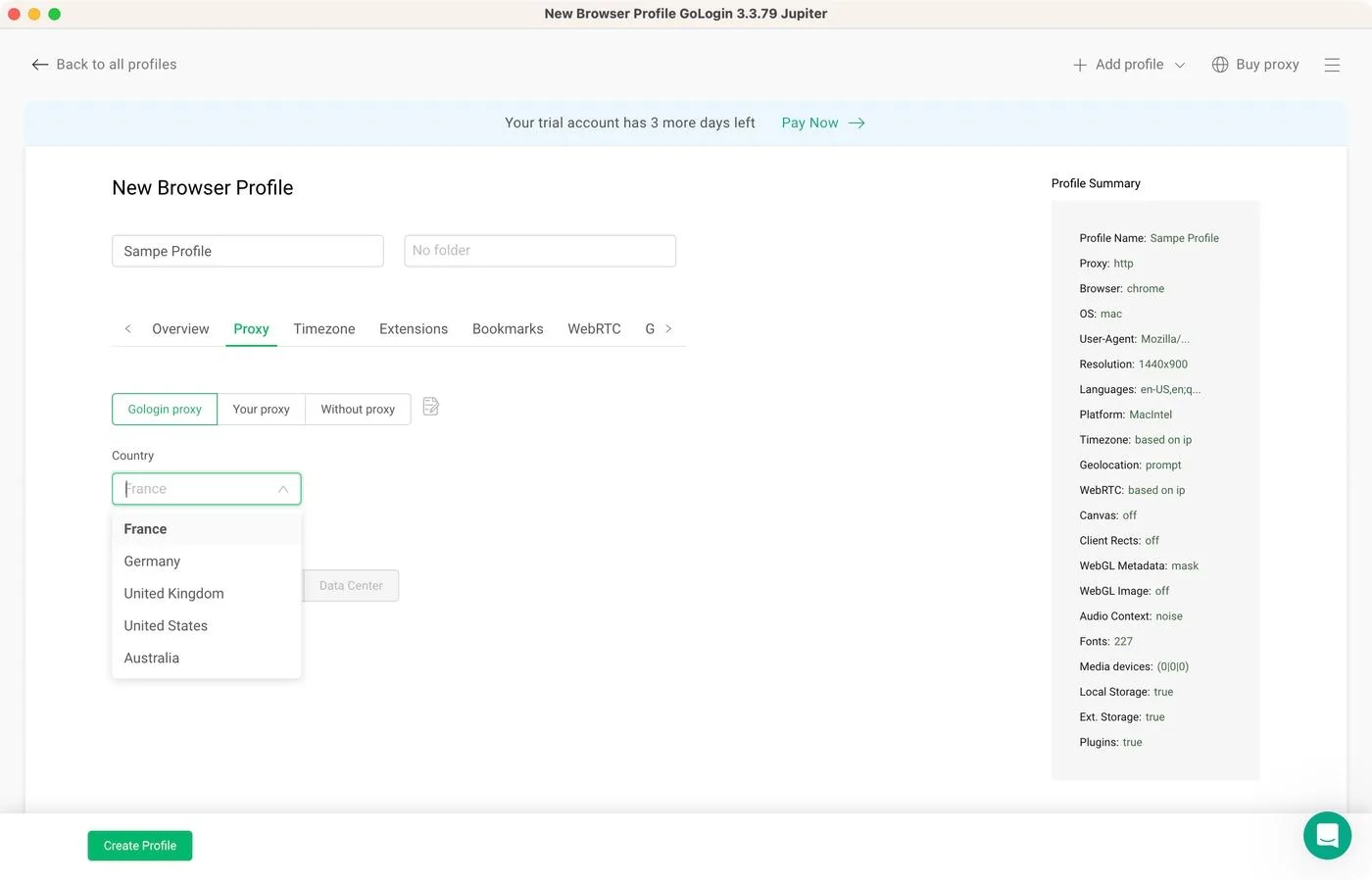 Gologin proxy settings