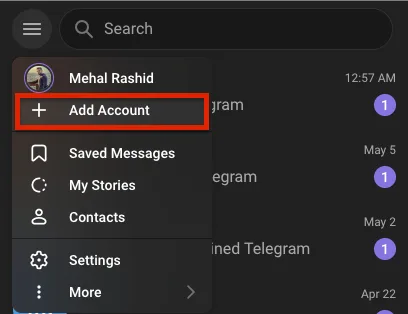  Image showing how to add a Telegram account on Desktop