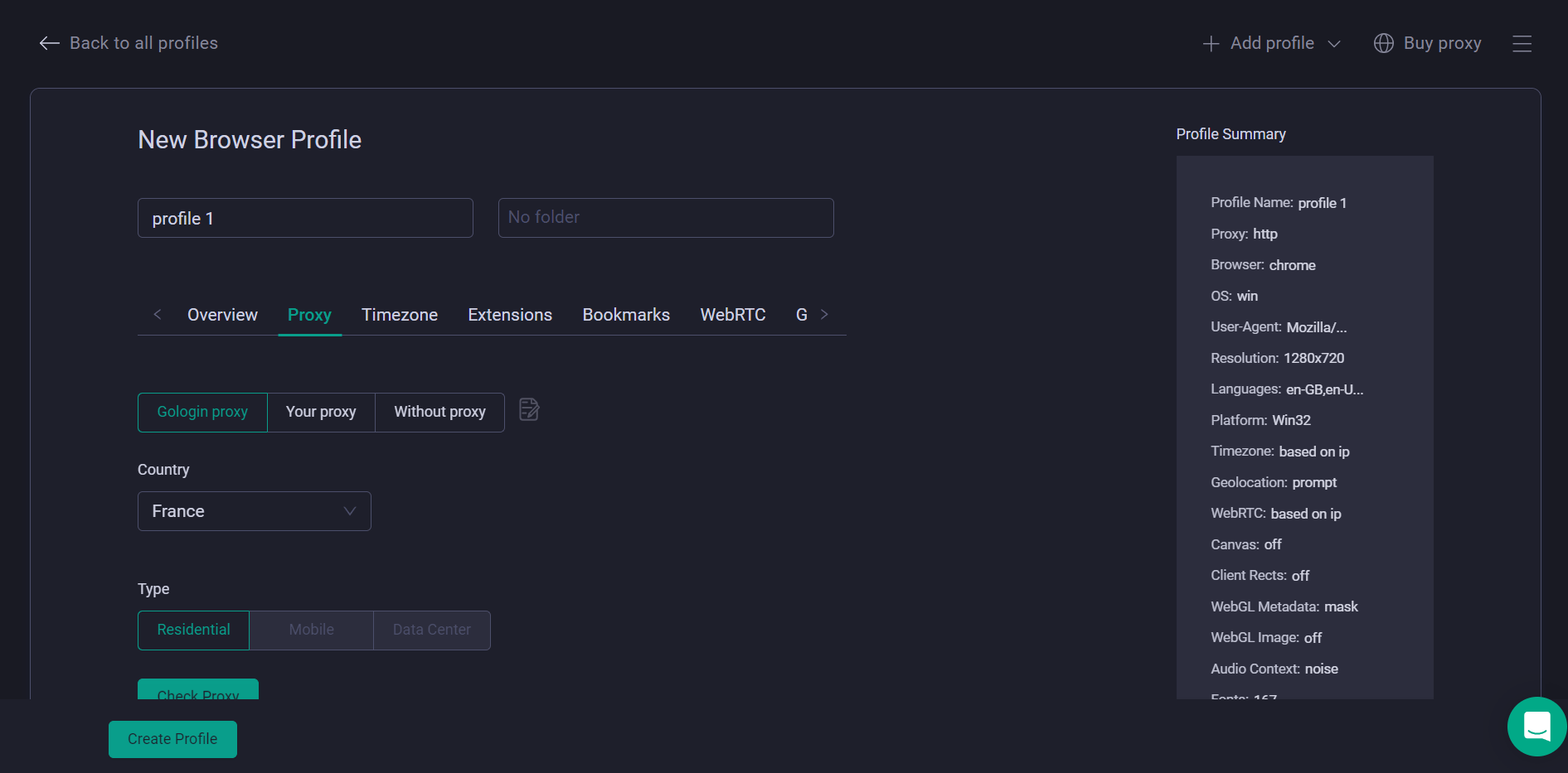Gologin proxy settings