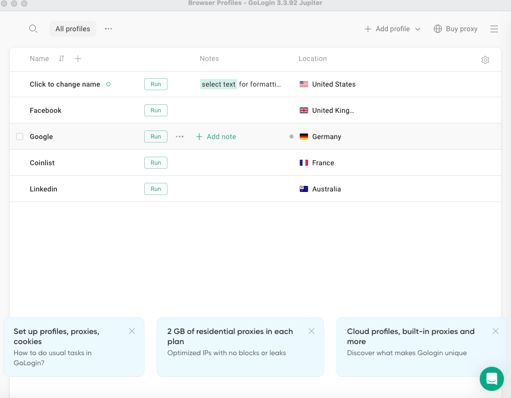 GoLogin browser profile dashboard 