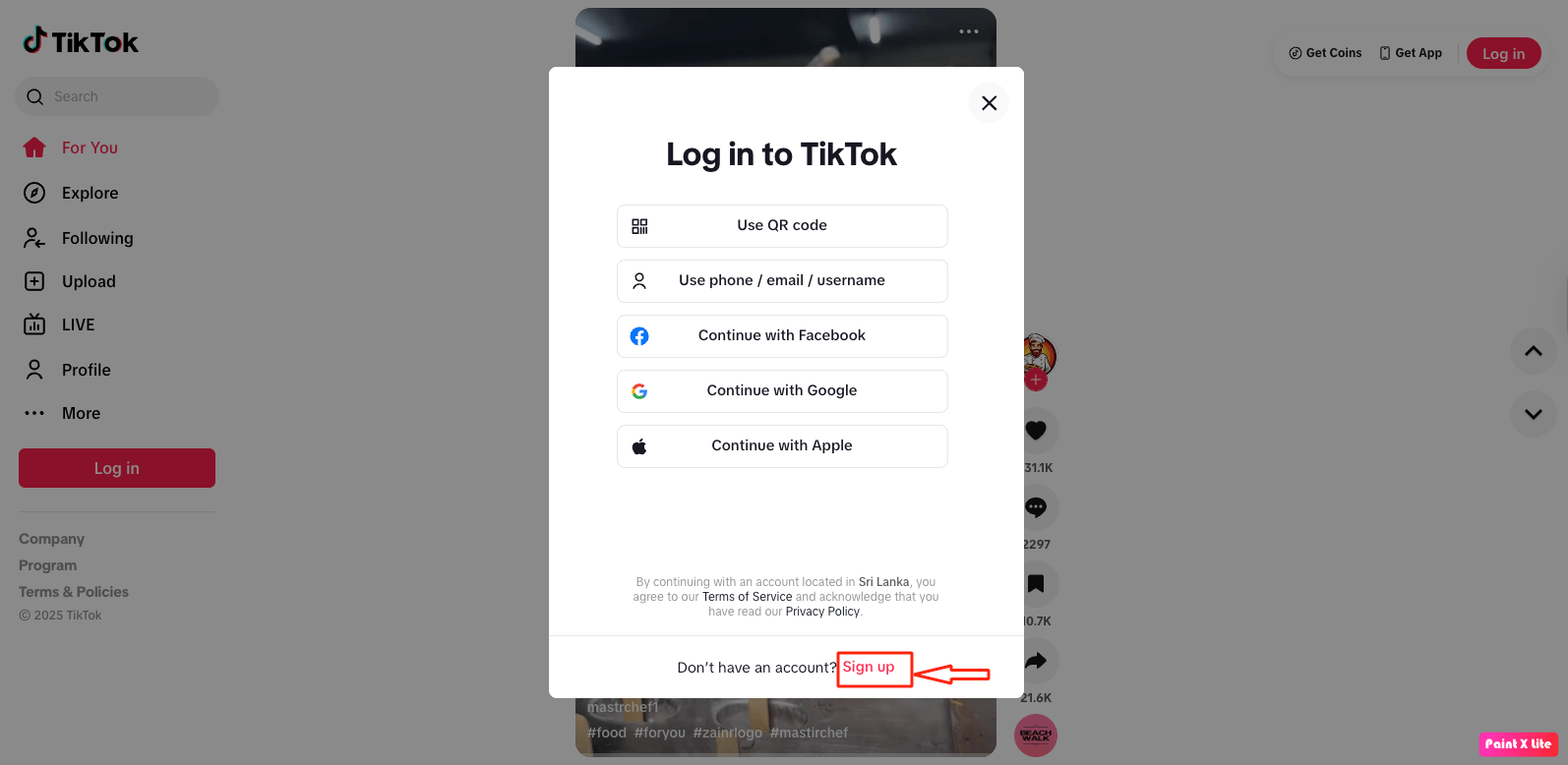 TikTok Web login screen with the “Sign up” option highlighted 