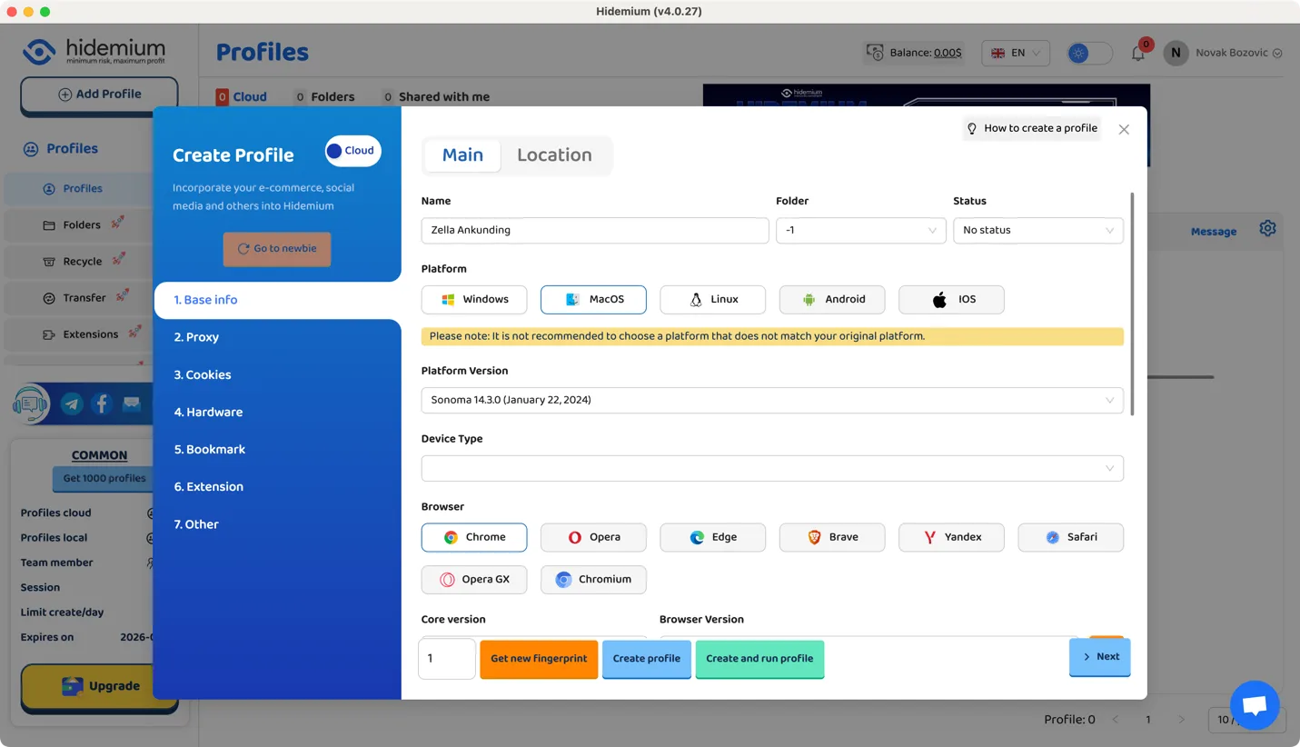 Hidemium profile settings