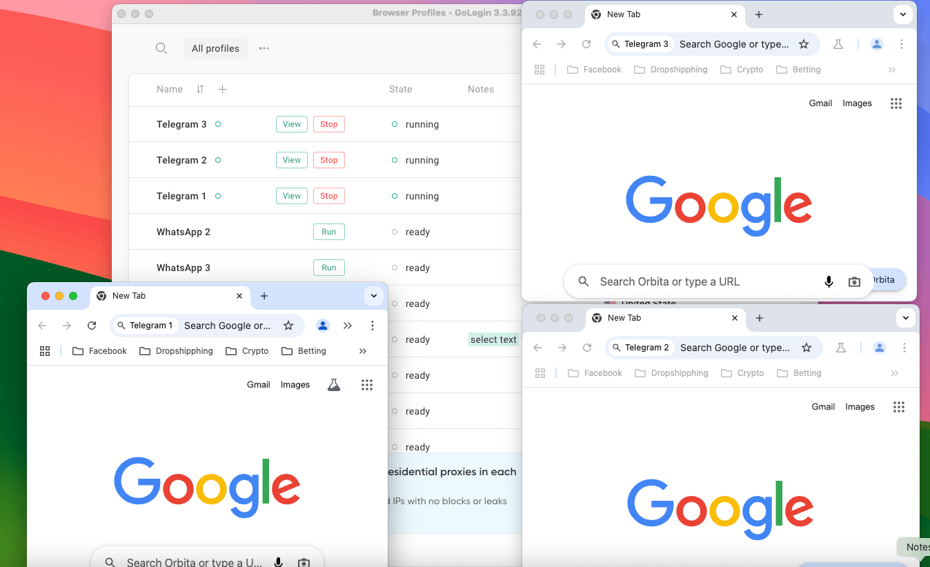 Separate browser profiles for Telegram opened in GoLogin 